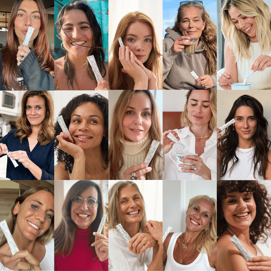 Collage di donne che tengono in mano una bustina The Solution