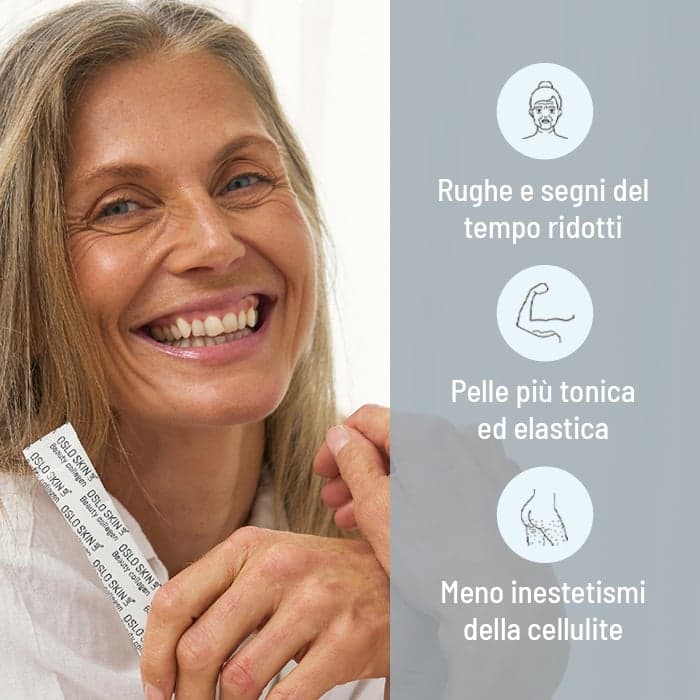 Donna sorridente con bustina e bollino riduzione rughe, pelle più tonica, riduzione cellulite
