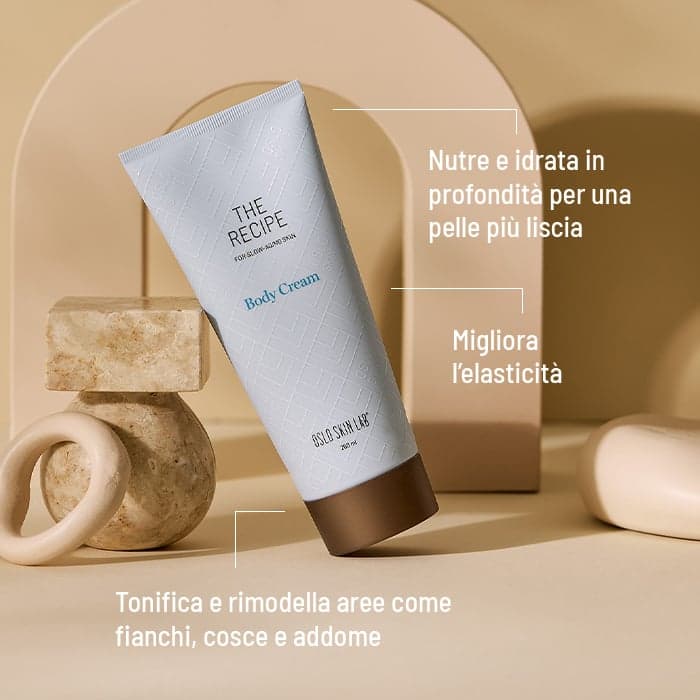 Foto flacone Body Cream di Oslo Skin Lab, crema corpo, con testo che ne descrive i benefici principali: nutre e idrata, migliora l'elasticità, tonifica e rimodella fianchi, cosce e addome