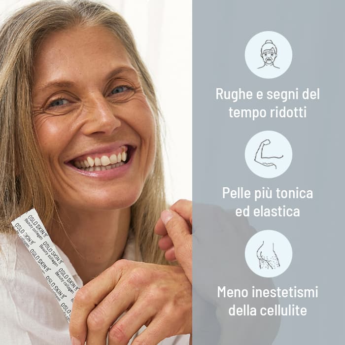 Donna sorridente con bustina e bollino riduzione rughe, pelle più tonica, riduzione cellulite