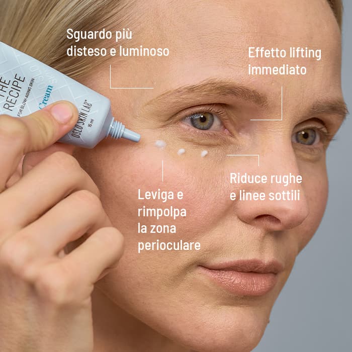 Foto di una donna che applica la crema occhi di Oslo Skin Lab, con testo che ne descrive i benefici principali: sguardo più disteso e luminoso, effetto lifting e rimpolpante, riduce rughe e linee sottili